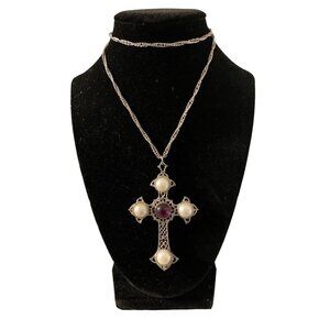 Vintage Sarah Coventry Baroque Cross Necklace Pendant Pearl Amethyst
